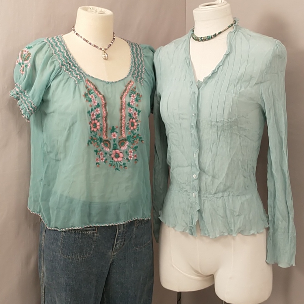 2 Silk Tops Aqua SS Peasant & Button Front Lon Slv